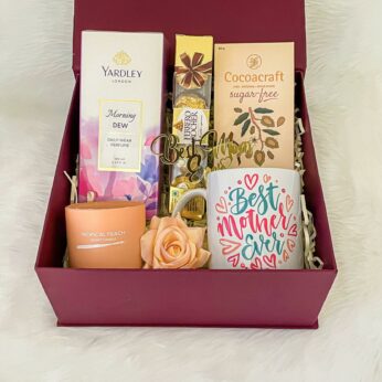 Unique and Personal gift box for Mothers day With Perfume, Chocolates, Coffee mug & Scented candle