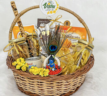 heartwarming happy Vishu gift hamper filled with chocolates, palada mix, and varieties of chips