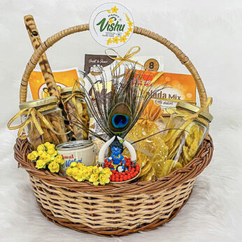 heartwarming happy Vishu gift hamper filled with chocolates, palada mix, and varieties of chips