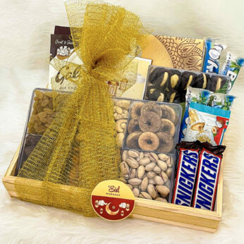Eid Celebration Gift Box Featuring a Delicious Assortment of Treats Including Snickers-50g, Kinder Bueno 43gm, Cashew Nuts Stuffed Dates 380g And More