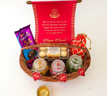 Simply Majestic Diwali Gift Basket With Chocolates, Dry fruits, And Handcrafted Diya
