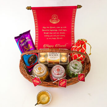 Simply Majestic Diwali Gift Basket With Chocolates, Dry fruits, And Handcrafted Diya