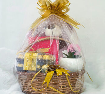Queenly Women’s Day Basket With Chocolates, Teddy Bear And Potted Plant