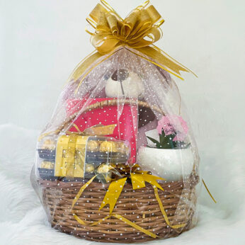 Queenly Women’s Day Basket With Chocolates, Teddy Bear And Potted Plant