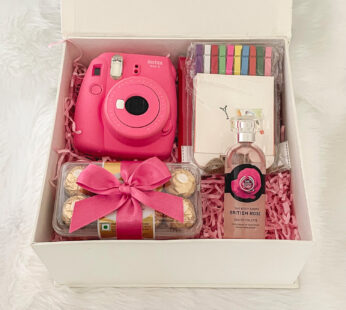 Presenting great birthday gifts for her, gift impede with Instax Mini 9 complete set, chocolates, perfume, and sweet greetings