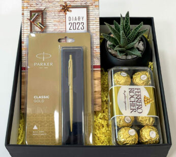 New year corporate gifts box includes Parker pen, 2023 calendar, plant with pot and chocolates