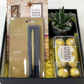 New year corporate gifts box includes Parker pen, 2023 calendar, plant with pot and chocolates