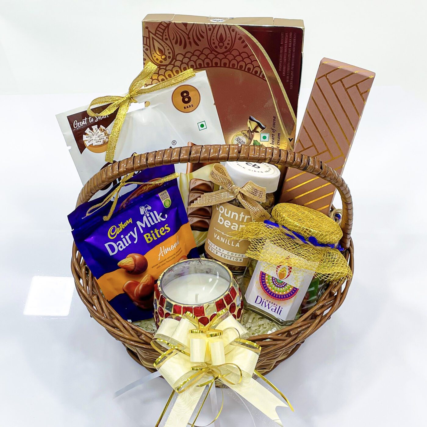 Spread Joy Diwali sweets gift basket With Dry Fruits, Chocolates, Instant Coffee, And Scented Candle