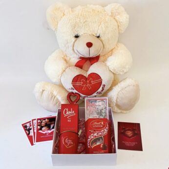 Charming cute teddy gift for wife with tasty chocolates, perfume and greetings