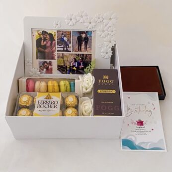 Astonishing Anniversary gift hampers for friends with perfume, wallet, & greetings