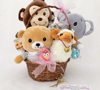 Enchanting Cuty birthday gift for Girl, with animal soft toys and candy.