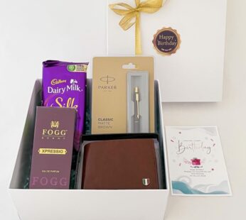 elegant gift items for birthday boy filled with perfume, wallet, and chocolates