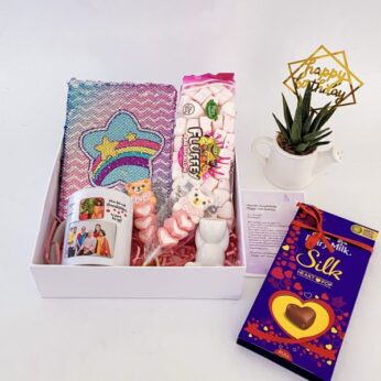 graceful birthday gift for kid girl in India with chocolates, a plant, and greetings
