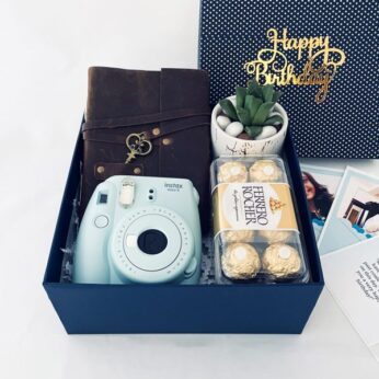 Exciting birthday gift box for boys with fujifilm Camera, diary, chocolates and more