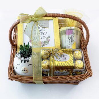 Good Fortune Housewarming Gift With Chocolates, Indoor Plant, Scented Candle, And Custom Photo Frame