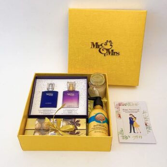 delightful customized wedding hamper for couples with shower gel, greetings, and more