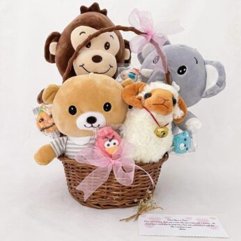 cute soft toys hamper for girl on her birthday with animal soft toys and candies