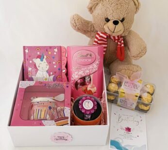 charming gift hamper for little girl on her birthday, with teddy, chocolates, and more
