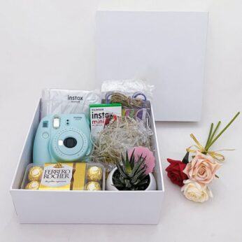 Blissful 5 year anniversary gift for girlfriend with camera, flowers and chocolate