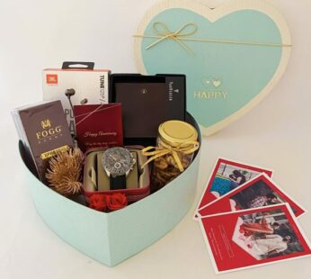 Luxurious Anniversary gift hamper for husband filled with watch, perfume, and wallet