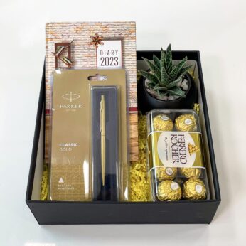 The Classic Corporate Gift Box for new year With Office Supplies, Live Succulent, And Chocolates