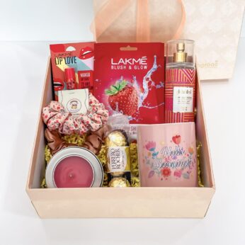 Strawberry Blush Gift Box For Bridesmaid With Scrunchies, Scented Candle, Chocolates, And More
