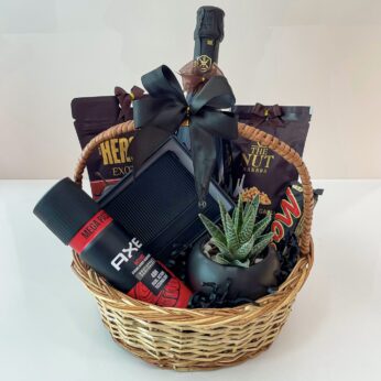 Black Beauty Gift Basket For Men With Leather Wallet, Desk Plant, Chocolates, And More