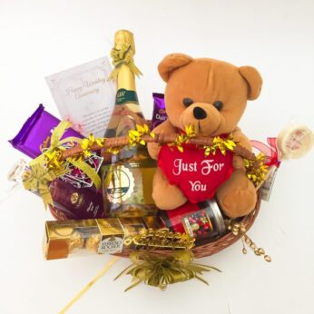 Delightful Wedding gift basket for friend girl with teddy, chocolates, and more