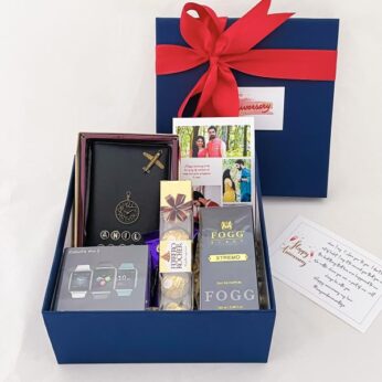 Personalised gifts for groom to be, contain a smartwatch, perfume, and chocolates