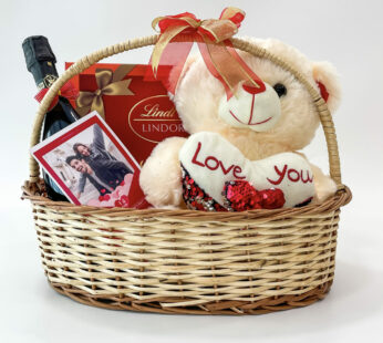 Love Story Valentine’s Day Gift Basket With Chocolates, Red Wine, And Teddy Bear