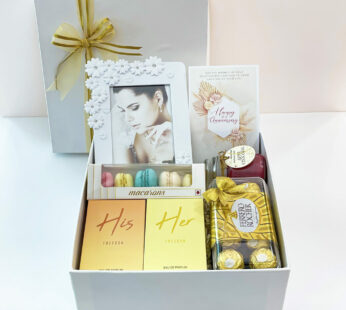 anniversary gift box for couple filled with perfumes, chocolates, photo frame