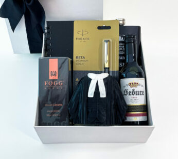 Happy Birthday Gift Hamper For Advocate With Perfume, Red Wine, Steel Hip Flask, And More