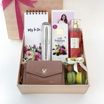 Beautified thank you gift for employee female includes perfume, clutch wallet, and more.