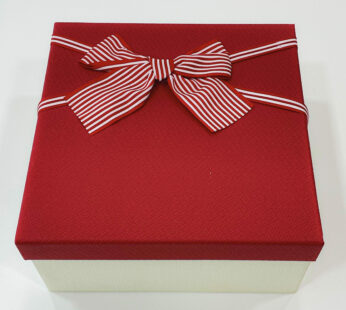 Medium-Sized Ribbon-Decorated Red and Cream Gift Box – 3.25″ Height x 6.5″ Width x 6.5″ Length – A Beautiful Way to Present Your Gifts