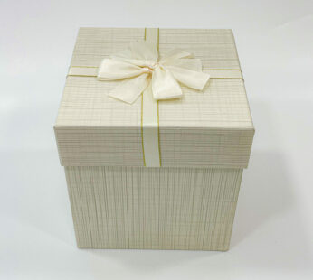 Off-White Gift Box with Ribbon Embellishment and Unique Uneven Line Texture – 7 x 6 3/4 x 6 3/4 Inches