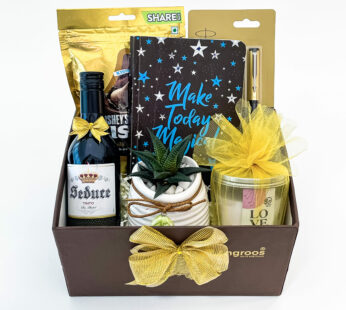 Magical times appreciation hamper with indoor plant, scented candle, notebook, and more