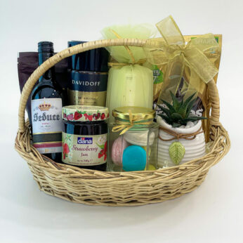 Sweet Goodness Home Visit Gift Basket With Red Wine, Chocolates, Scented Candle, And More