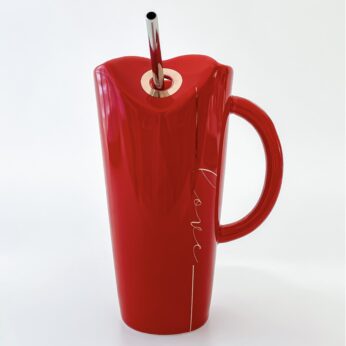 Stylish red color ceramic coffee mug with lid