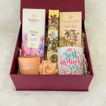 Enchanting birthday gift for mother in law include perfume, chocolates, and a customized mug.