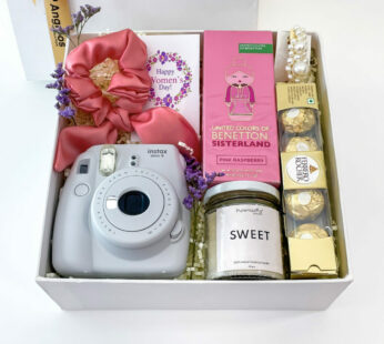 Premium birthday gift for mom contains a camera, chocolates, scrunchies, and more