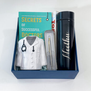 Doctors day gift ideas contain Doctor themed pen stand, Bottle, and a book