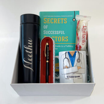 national doctors day gifts ideas filled with chocolate, Book, and a Customized mug