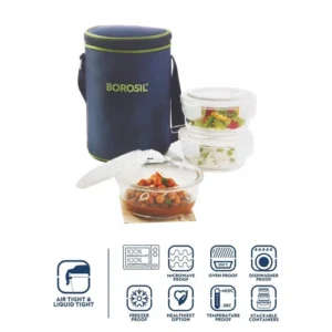 Borosil Klip N Store Microwavable Containers, 400 ml, Set of 3 with Lunch Bag