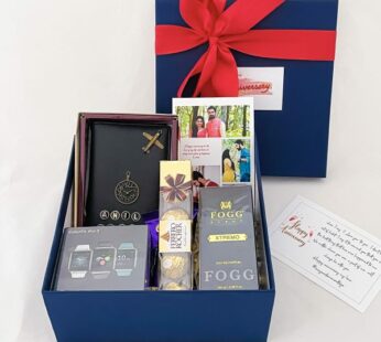 Personalised Father’s Day gifts decorated with a Smart Watch, perfume, and chocolates