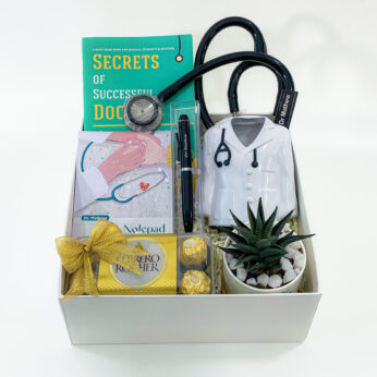 unique gifts for doctors filled with a notepad, personalized stethoscope, and chocolates