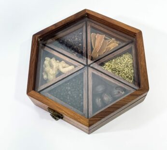 Handcrafted hexagon wooden spice box with 6 compartments for kitchen (H 2.25 x W 9 x L 7.75 Inches)