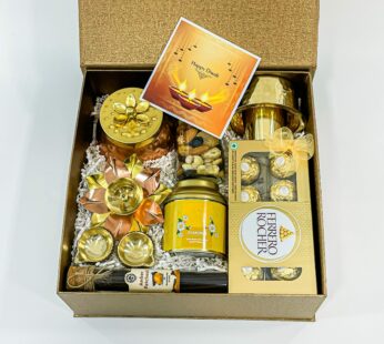 Sweet and Perfect Diwali Gift Hampers with Ferrero Rocher, Metal Lotus candle holder, Mixed nuts bottle and More