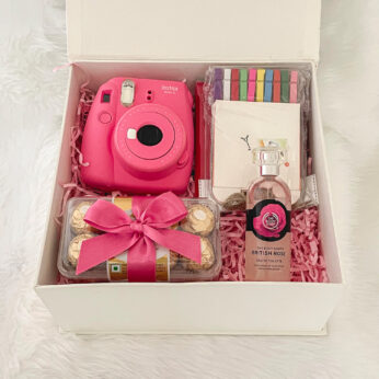 Customized daughter’s day gift with an Instax Mini 9 set, chocolates, and sweet greetings