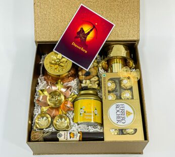 Unique Dussehra Gift With Ferrero Rocher, Metal Lotus candle holder, Mixed nuts bottle and More