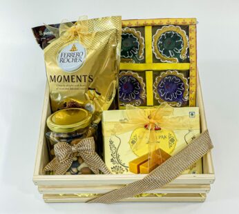 Indian Gift Hampers with Diya Set, Mixed Nuts, Ferrero Rocher, Mysore Pak, and More